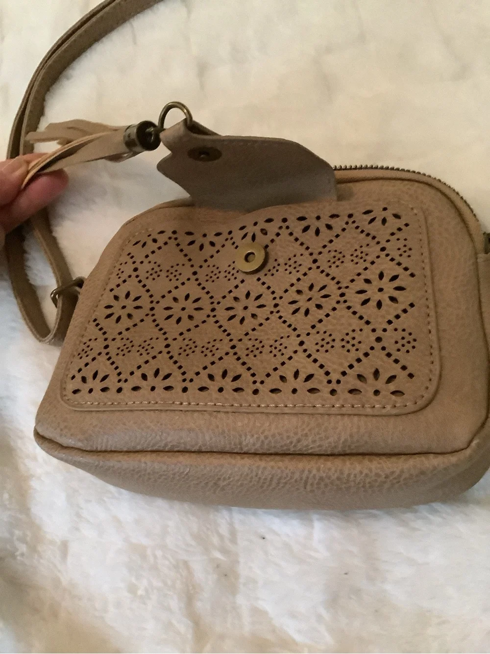 Laser-Cut Tan Crossbody with Tassel Accent